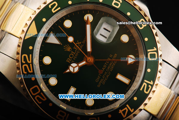 Rolex GMT Master II Swiss ETA 2836 Automatic Movement Steel Case with Green Dial/Bezel and Two Tone Strap - Click Image to Close